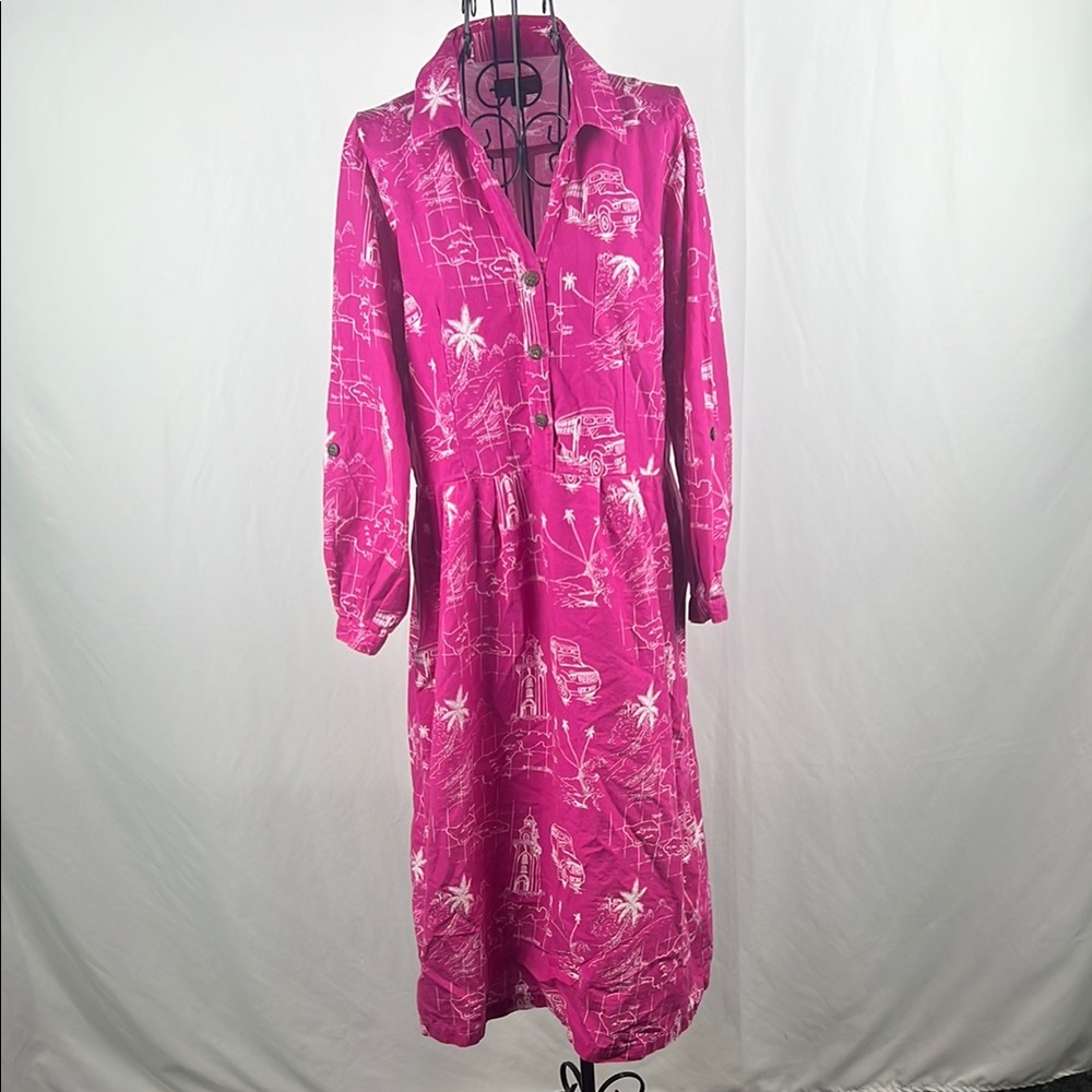Koko‎ Pacific Woman’s 18 Pink Long Sleeve Collared Sundress Front Pocket Island